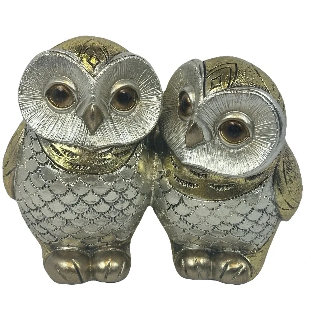 Gold Silver‎ Owl Figurine Set Pair Metallic Vintage Style Shelf Home Decor